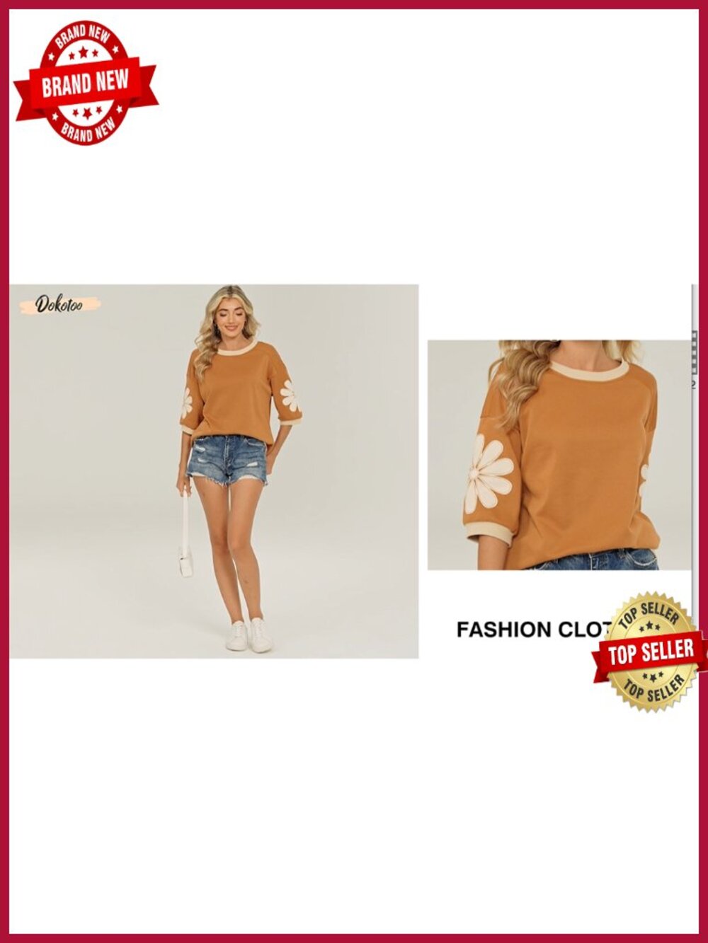 Womens 3/4 Sleeve Floral Patch Sweatshirt Oversized Pullover Top - Picture 6 of 6